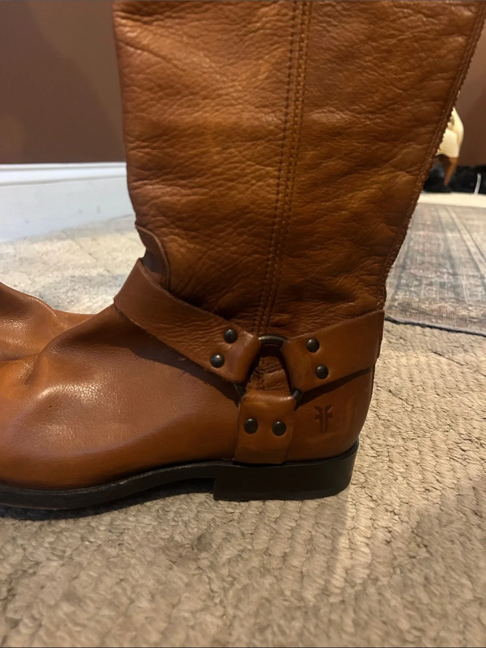 Frye Tall Cognac Leather Harness Riding Boots